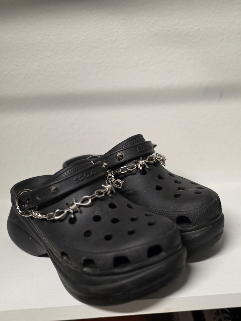 Black Crocs Platform Clog with Silver Chain And Spikes
